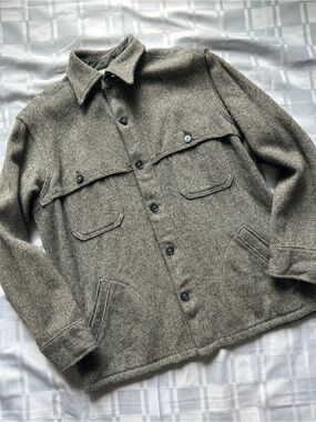 Woolrich Grey Herringbone Vintage Wool Lightweight Button Down Jacket